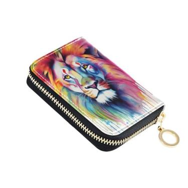 Imagem de Carteira feminina pequena, protetor de cartão de crédito, bloqueio de RFID, couro com zíper, porta-cartões e dinheiro, aquarela leão arco-íris