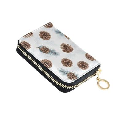 Imagem de Carteiras femininas com suporte de cartão com bloqueio de RFID, zíper ao redor de couro, porta-moedas, carteira com zíper, aquarela, marrom, pinhas brancas