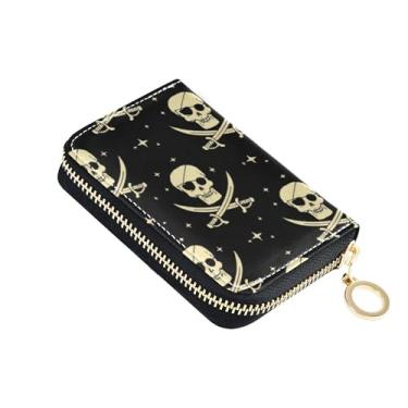 Imagem de Porta-cartão de crédito com bloqueio de RFID pequena carteira feminina de couro para viagem com bolso para moedas, caveiras de pirata, ossos cruzados, preta