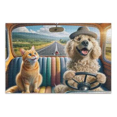 Imagem de Quebra-cabeça engraçado de cachorro dirigindo carro com gato DIY presente com bolsa de armazenamento de malha para adultos, famílias, tamanho final 75 x 50 cm