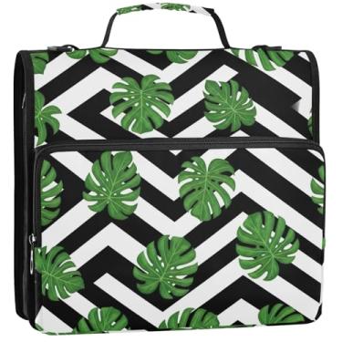 Imagem de Organizador de fichário com zíper, folhas tropicais, listras pretas e brancas, 3 fichários de 3 anéis de 3,88 cm, fichários de desenho animado com alça, bolsa de ensino médio com alça, 34,5 x 31,5 x 9