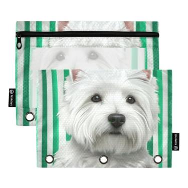 Imagem de GAIGEO Bolsa de lápis com 3 anéis com estampa animal, branco, Westie, listra, verde, para canetas, fichários escolares, bolsos transparentes, zíper 25 x 18 cm, 2 pacotes