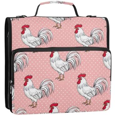 Imagem de 3 fichários de 3 anéis de 3,8 cm, galos brancos, pentes vermelhos, cauda, fichário com zíper, fichário organizador com alça, bolsa escolar divertida, estojo de armazenamento com alça, 34,5 x 31,5 x 9
