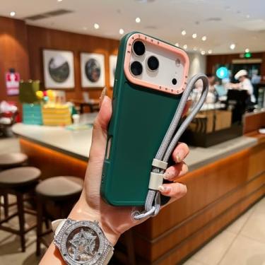 Imagem de HTVJFXCapa de pulso com cordão em silicone fosco para iPhone 16 Pro Max, com design moderno e lentes em relevo (Verde escuro).