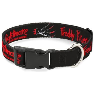 Imagem de Warner Bros. Coleira para animais de estimação, coleira de cachorro, fivela de plástico, A Nightmare on Elm Street Freddy Icons and Logo Black Red, 38 a 61 cm de largura