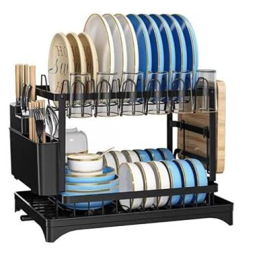 Imagem de Escorredor de Louças 2 Andares Moderno Aço Inox – Organizador com Porta Talheres, Suporte para Copos e Tábua, Preto com Dreno | Premium InoVibes