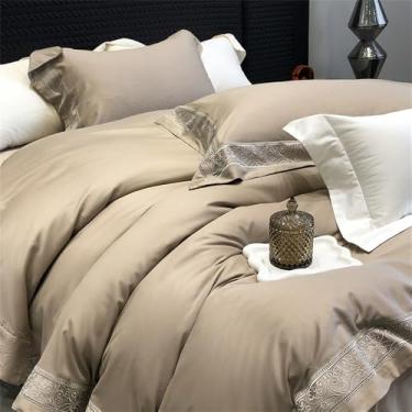 Imagem de Conjunto de cama natural e suave para a pele, com bordado na borda larga, incluindo capa de edredom, lençol e fronha (4 peças), marrom claro, lençol de baixo com elástico (1,8 m).