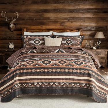 Imagem de FineStichery Conjunto de colcha king 100% algodão, colcha king size com fronhas, estampa asteca listrada do sudoeste, conjunto de cama com edredom leve e macio, 3 peças, marrom escuro/carvão/bege