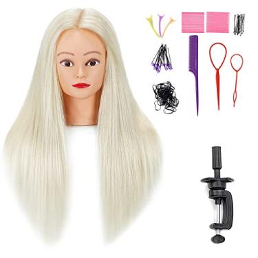 Imagem de ZOUMU Cabeça de manequim de cabelo longo de 66 a 71 cm – Cabeça de treinamento de cosmetologia 70% cabelo real para trançar, pentear e praticar corte, boneca manequim de alta densidade com 9