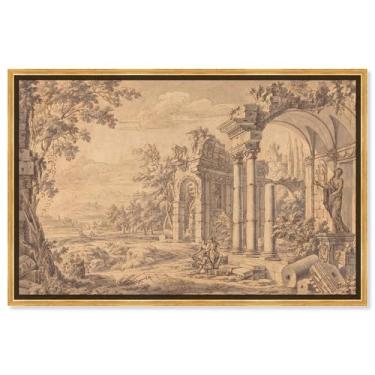 Imagem de Art Remedy Paisagem com um desenhista entre ruínas antigas ilustrações vintage da década de 1670, moldura dourada, 61 cm x 40 cm