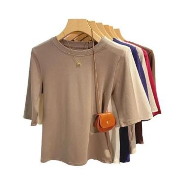 Imagem de Camiseta De Algodão Feminina De Verão, Básica, Com Gola Redonda E Mang