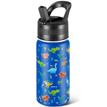 Imagem de COKTIK Garrafa de água infantil, copo de água isolado de aço inoxidável 396 g à prova de vazamento, caneca de água escolar, pequena e portátil, adequada para meninos e meninas usarem (dinossauro de