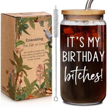 Imagem de It's My Birthday B*i*ches Copo de vidro de 473 ml com tampa e canudo Presentes de Natal para mulheres, meninas, meninas, copos de vidro elegantes