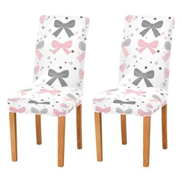 Imagem de SEHANY Conjunto de 2 capas de cadeira com laço de bolinhas rosa para sala de jantar, elástico, removível e lavável, para cozinha, hotel, festa, Natal