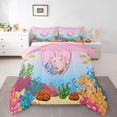 Imagem de Erosebridal Conjunto de edredom fofo com letra V, rosa, kawaii, axolotl, desenho animado, alfabeto, letras A-Z, azul, oceano, vida marinha para crianças, adolescentes e adultos
