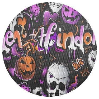 Imagem de xigua Jogo americano redondo de esqueleto engraçado de Halloween, conjunto de 6, tapete de mesa redondo antiderrapante resistente ao calor, tapetes de mesa de 48 cm para decoração de cozinha, jantar e