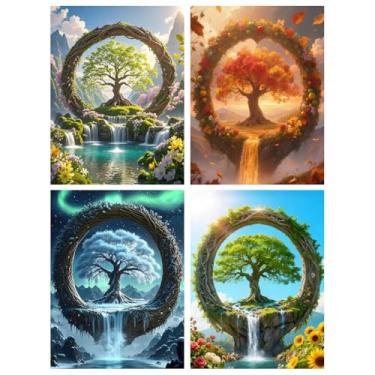 Imagem de Pacote com 4 kits de pintura de diamante da árvore da vida – Kits de arte de diamante de quatro estações para adultos iniciantes, pacotes de pintura de diamante faça-você-mesmo 5D DIY para decoração