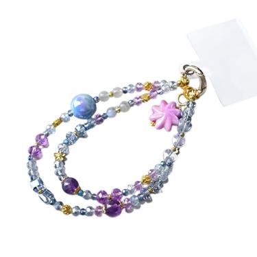 Imagem de Pingente de telefone de cristal e pedra preciosa com anel de ouro, acessório de contas rosa pastel, azul e roxo, enfeite de flor, corrente de telefone faça você mesmo