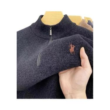 Imagem de Suéter Masculino De Inverno Quente De Tricô Com Gola Meio Zíper E Bord