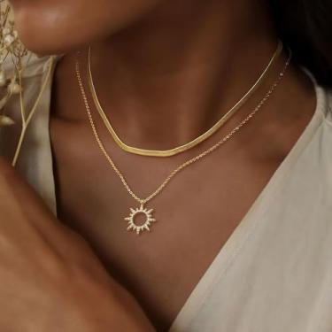 Imagem de Colar de sol para mulheres, colares banhados a ouro com pingente de corrente dupla pingente moderno uso diário joia presente