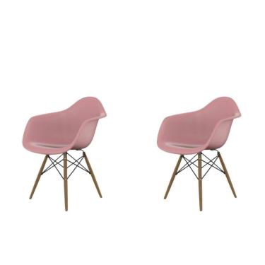 Imagem de Conjunto Com 2 Cadeiras Eames Com Braço Rosa  Base Em Madeira