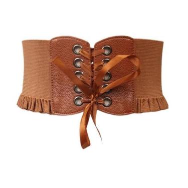Imagem de Cinto Corset Largo Cintura Alta Couro PU Laço Botão Babado - Modas Fag