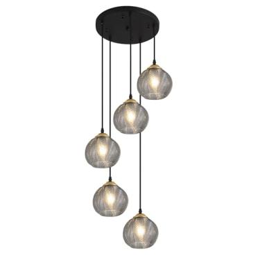 Imagem de Lustre pendente redondo de vidro com 5 lâmpadas, estilo fazenda, preto, para cozinha. Lustre pendente de vidro fumê, moderno de meados do século XX, em formato de globo.