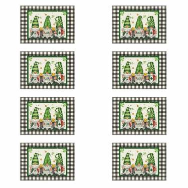 Imagem de XCHI Jogo americano xadrez gnomos trevos dourados do dia de São Patrício conjunto de 8 tapetes de mesa para festa, casa, cozinha, decoração de mesa de jantar, 30 x 45 cm