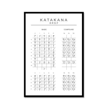 Imagem de Pôster do gráfico do alfabeto japonês Hiragana Katakana preto e branco pintura em tela educação aprender impressões escritório sala de aula decoração (SKU11,30,5x40.6 cm = (30x40cm), moldura de metal