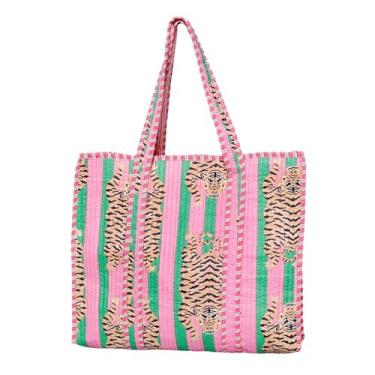 Imagem de Bolsa feminina acolchoada de algodão | Bolsa de ombro leve com bolso interno, Rosa claro, Large, Sacola com estampa acolchoada
