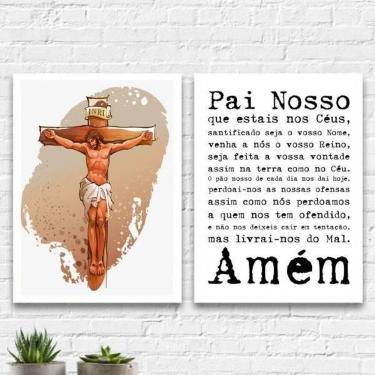 Imagem de Kit 2 Quadros Jesus Cruxificado Pai Nosso 45X34Cm Branca
