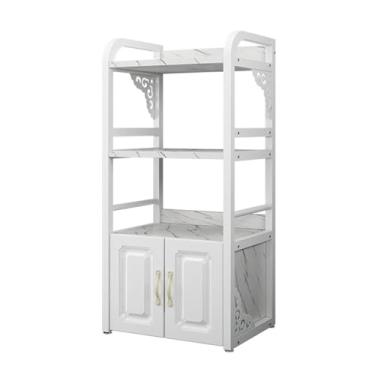 Imagem de Armário de armazenamento de banheiro, armário de piso independente, prateleiras de armazenamento de estrutura de metal, suporte de micro-ondas multifuncional, design estável, à prova d'água e à prova