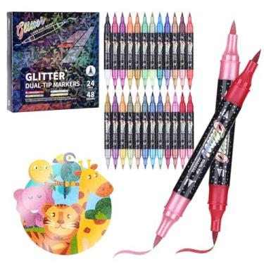 Imagem de KEMYR Canetas marcadoras com glitter, 48 cores, conjunto de canetas com glitter de ponta dupla, pacote com 24 marcadores metálicos brilhantes para cartões, artesanato DIY, rabiscos, escrita, livros de