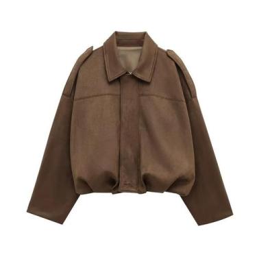 Imagem de Jaqueta Bomber Feminina Oversized De Camurça Acolchoada Estilo Colegia
