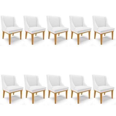 Imagem de Kit 10 Cadeiras Estofadas Sala De Jantar Base Fixa De Madeira Castanho Lia Sintético Branco - Ibiza