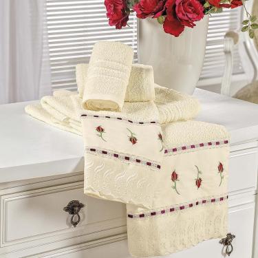 Imagem de Jogo De Banho Toalhas Yasmin 5 Peças 100% Algodão 320g-m² Suave Floral - Palha