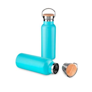 Imagem de Garrafa Térmica Squeeze 500ml De Aço Inox C/ Tampa De Bambu e Alça-Unissex