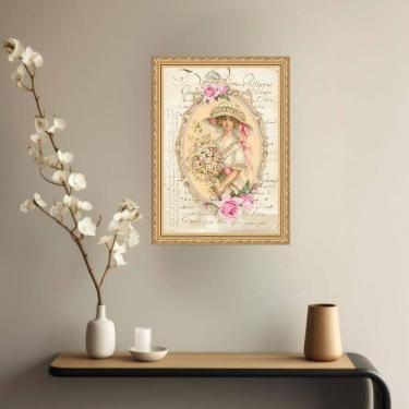 Imagem de Quadro Decorativo Mulher Buquet Flores Vintage 45X34Cm Vidro
