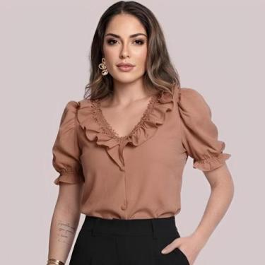 Imagem de Blusa Feminina Social Manga Curta Bufante com Gola V Babado - G-Store,
