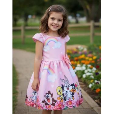 Imagem de Vestido Infantil Rodado Menina Microfibra Looney Tunes - Rosa - 1, Ros