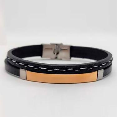 Imagem de Bracelete Em Aço 21cm Couro Preto E Placa Gold Rosso - Rosso Design