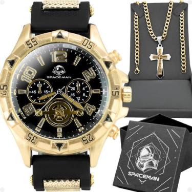 Imagem de Relogio Aço Banhado Masculino + Cordão Crucifixo ouro qualidade premiu