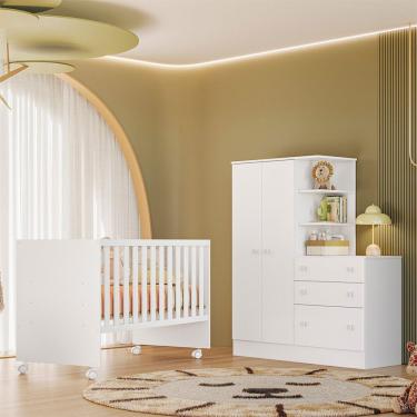 Imagem de Quarto Infantil Doce Sonho Berço Convencional Guarda Roupa com Cômoda MDP Colchão Não Incluso Branco Qmovi 70CM