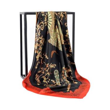 Imagem de Lenço De Seda Quadrado De Luxo Para Mulheres, Estampa De Cetim, Hijab,