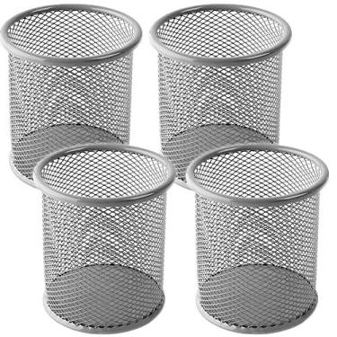 Imagem de Pacote com 4 suportes de lápis de malha de arame para caneta de metal e mesa, estojo organizador para lápis preto para escritório em casa (prata)
