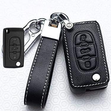 Imagem de CSHU Capa de couro para chave de carro, adequada para Peugeot 107 206 207 208 306 307 301 308S 407 2008 3008 4008 5008 RCZ Citroen C1 C2 C3 C4 C5 DS3 DS4, B, preto