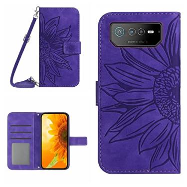 Imagem de capa de proteção contra queda de celular Para Asus Rog Phone 6 Skin Feel Sun Flor Flip Leather Phone Case com cordão