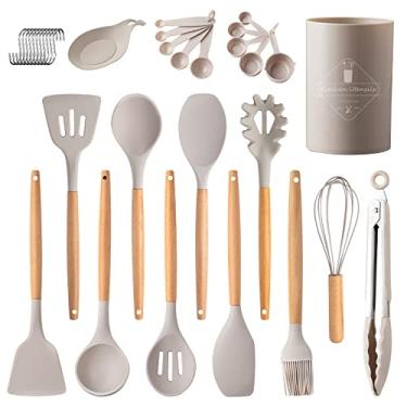 Imagem de FUYTERY 24 Pcs Cozinha Silicone Utensílio de Cozinha Resistente ao Calor Cookware Colher Shovel Set (Bege)