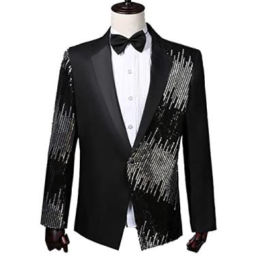 Imagem de Blazer de patchwork masculino lantejoulas slim fit terno de um botão jaqueta festa baile noite roupas cavalheiro terno formal para banquete, preto, P (busto: 93 cm)
