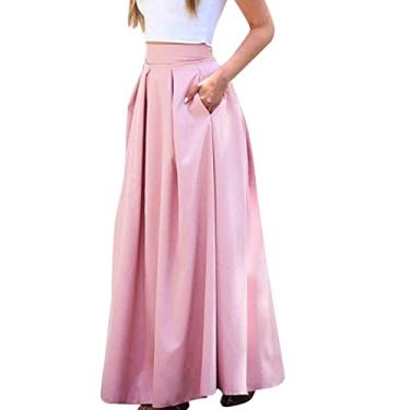Imagem de Saia plissada feminina grande, cor lisa, bolso de cintura alta, meia saia plissada, saia peluda para mulheres, rosa, P